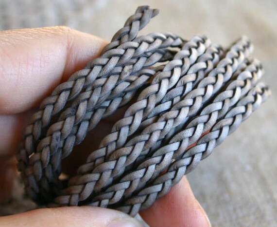 1 Yard 5mm Flat Braided Leather Cord Natural Grey
