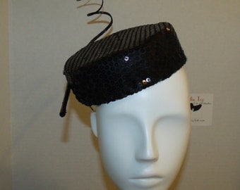 Black Sequin Pillbox Fascinator with curled Quill