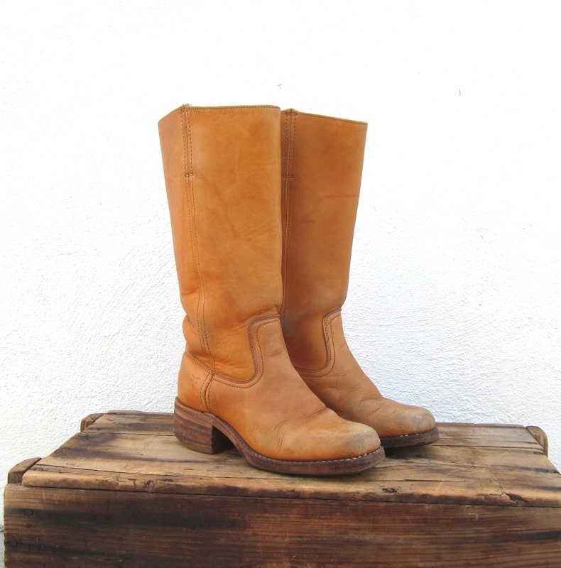 Vintage FRYE Distressed Tan Leather Campus Cowboy Boots Size