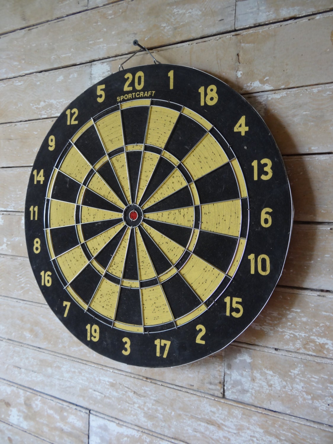 Vintage Retro Cork an Metal Dart Board Black and Yellow