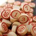 Lucky numbers. Vintage wooden bingo game calling markers. Complete 0 to 90 series.
