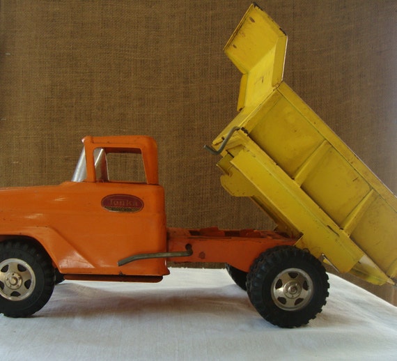 1960s Tonka Metal Dump Truck Orange Cab Yellow Bed Dump Truck