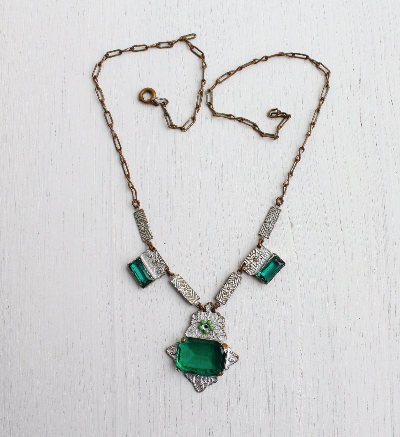 Antique Art Deco Emerald Green Glass Necklace Vintage Brass