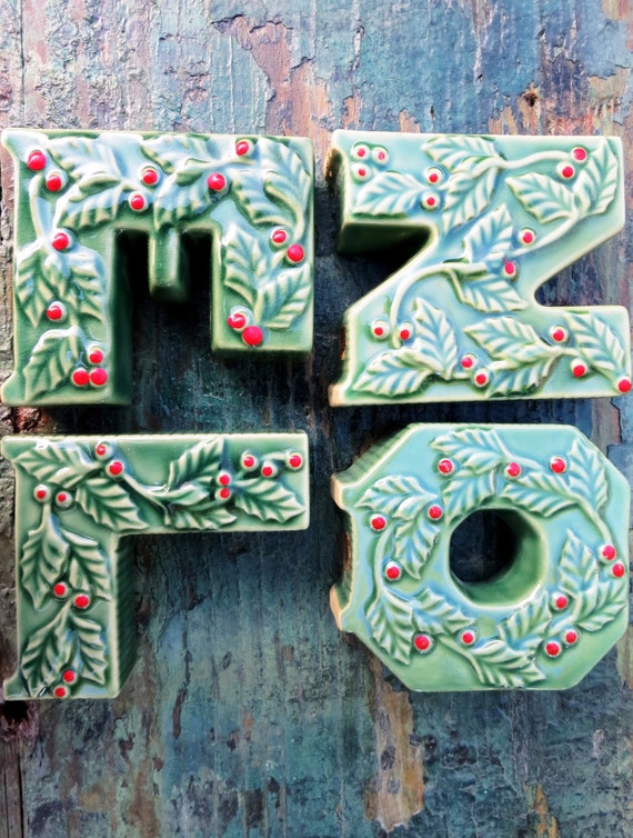 Ceramic NOEL Letters Candle Holder Set Deadstock Red & Green