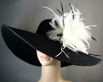Kentucky Derby Hat, BLACK Derby Hat with White Feathers,Dress Hat ,Church Hat ,BLACK Hat Wide Brim Wedding Tea Party Ascot Horse Race