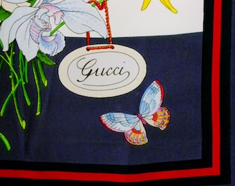 Gucci Silk Scarf Botanicals’ Hand Rolled Edge Deep Steel Gray Border White Floral Center
