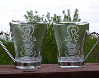 Etched Cups – Hearts Coffee Cups, Cappuccino Cups, Hot Chocolate Cups, Tea Cups – Set of Two