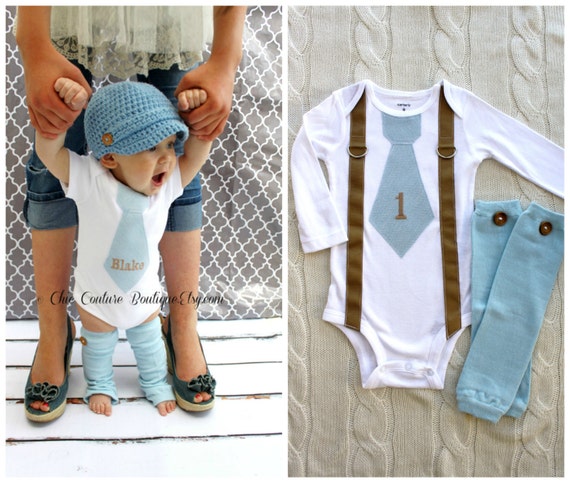 Baby Boy 1st First Birthday Outfit. Tie and Suspenders Bodysuit and Button Leg Warmers. Blue Personalized 