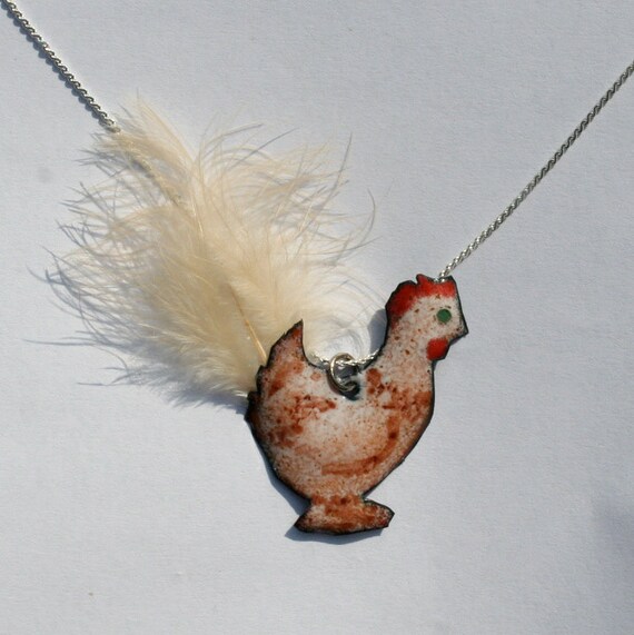 Feathered Chicken Necklace in Copper Enamel / Chicken Jewelry
