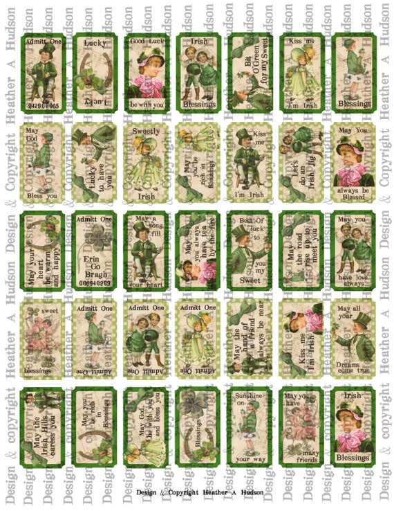 Victorian Vintage Traditional Greens St. Patrick's Day Tickets Irish Blessing  Digital Collage sheet Printable