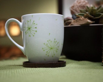 Hand Painted Ceramic Coffee Mug Tea Cup Green Dandelion Botanical Design White Modern Kitchen Decor Decorative Art