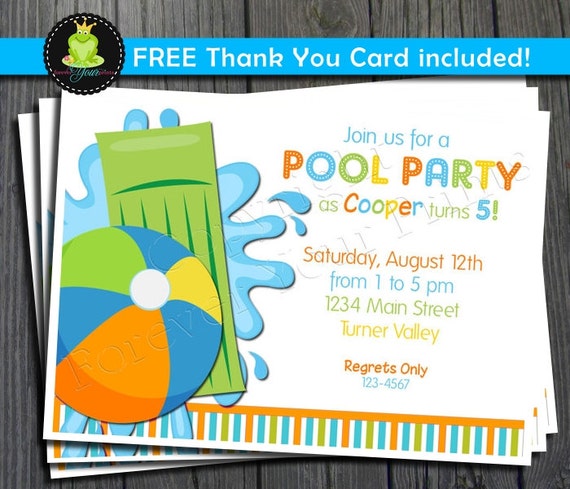 Pool Party Birthday Invitation - FREE Thank You Card included Il_570xn