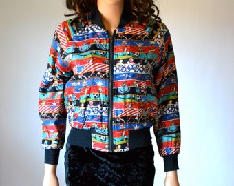 90s Nicole Miller Silk Bomber Jacket with USA OLYMPICS // Vintage Sports Jacket Swimming Track Gymnastics Print size XS