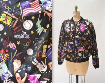 90s Vintage Silk Bomber Jacket by Nicole Miller with USA America United States Elvis Harley Printed Silk Jacket Mens Womens