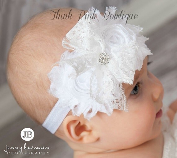 White Baby Headband,Christening Headband, Baptism Headband,Newborn Headband,Baby girl Headband,Shabby chic Headband,Baby Hair Bows. by ThinkPinkBows