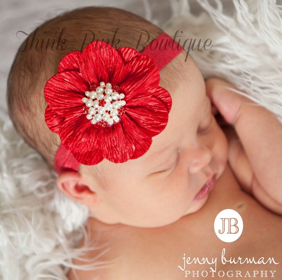 Christmas baby Headband,Red Headband, baby headbands, newborn headband, Flower baby girl headband, valentines headband, Baby Hair Bows. by ThinkPinkBows