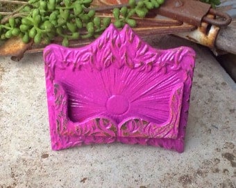 Magenta Cast Iron Shabby Chic Business Card Holder -Wedding -Place Card Holder-Rustic Beach Glass- Metal Decor-Summer Collection