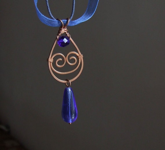 Royal blue teardrop pendant blue glass jewelry by VeraNasfaJewelry