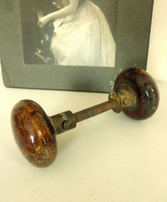 Antique Bennington Pottery Porcelain Door Knob Set Mocha Brown
