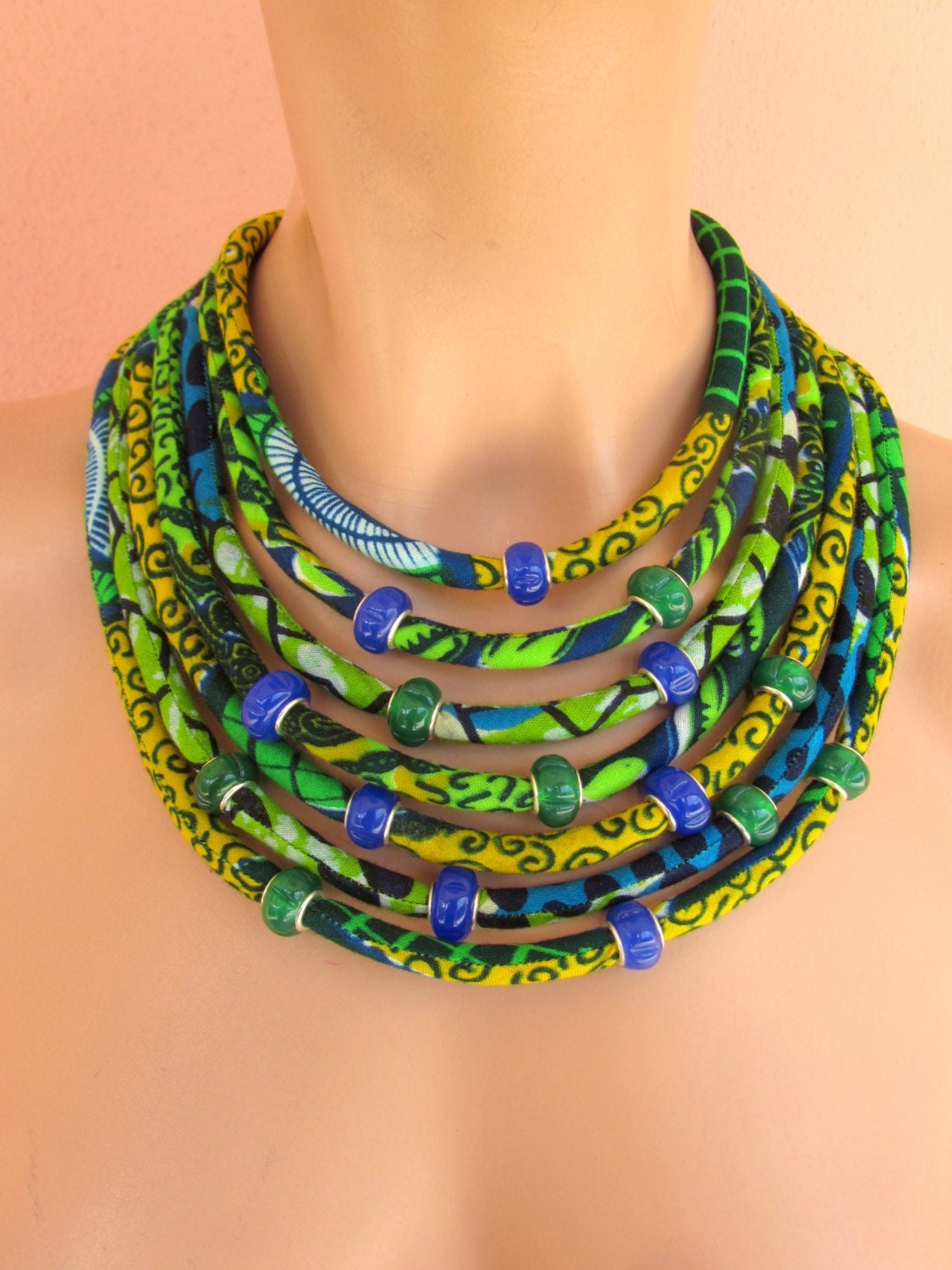 Ethnic jewelry African fabric necklace green and blue