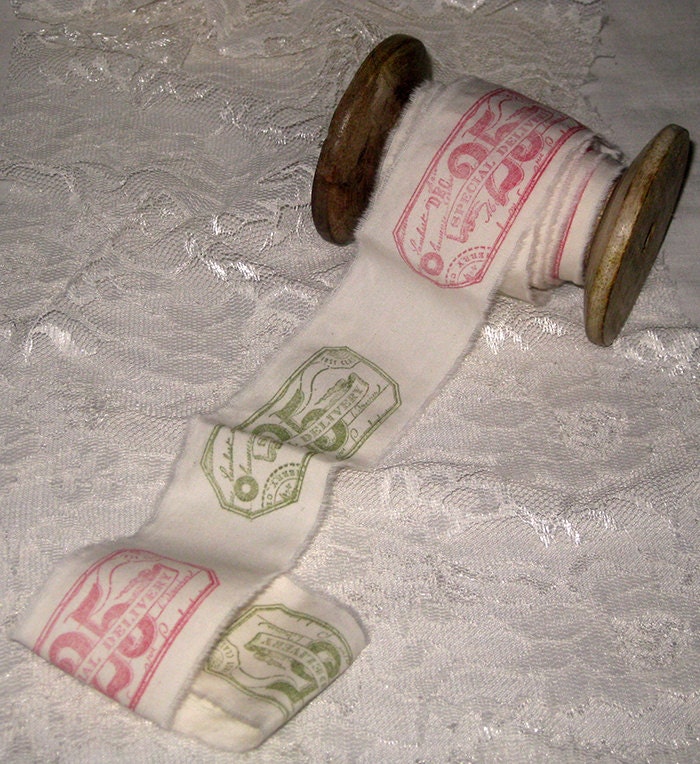 Muslin Ribbon Christmas Special Delivery Tag Vintage Inspired Hand Designed Muslin Ribbon ECS