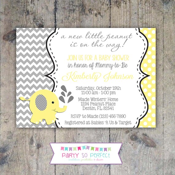 ELEPHANT BABY SHOWER Yellow & Gray Chevron 5x7 Invitation - Printable Il_570xn