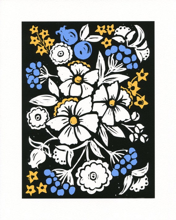 Folk Art Flowers Woodcut Style Floral Art Bluebells Folk