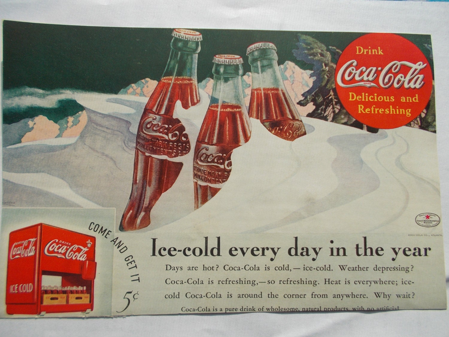 SALE-1930s vintage Ad...Drink Coca-Cola Delicious and