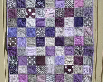 Unisex baby quilt in grey and purple, gray, baby shower present, baby birthday present MADE TO ORDER