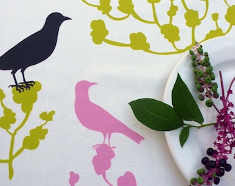 Laminated oilcloth tablecloth Choice of Size Birds Trees Original Design Nadine Westcott Handmade Pink Green and Black Outdoor Entertaining