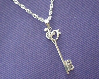 Skeleton Key Silver Music Necklace Pendant - Treble clef, Bass Clef ...