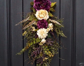 Spring-Summer-Fall Wreath Teardrop Door Twig Swag Vertical Decor Use all Year Round, Floral Swag, Purple Cream Indoor Outdoor Swag Door Swag