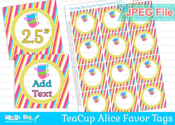 INSTANT DOWNLOAD - Printable Alice Favor Tags, Tea Party, Cupcake toppers, Editable text, jpeg file, Party supplies - Paper Art by MC Il_570xn
