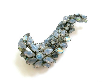 Schreiner Brooch Blue Moonstones Rhinestones // Fine Mid Century Costume Jewelry