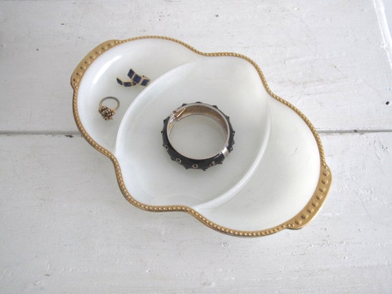 Vintage White and Gold Jewelry Dish - Fire King Pottery