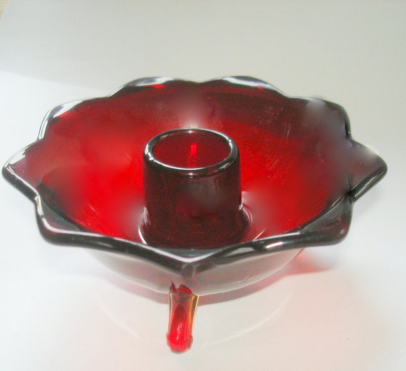 Red Amberina Glass Candle Holder Candlestick Vintage Fluted