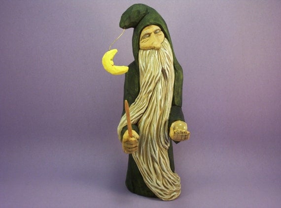 Hand carved wizard wood carving OOAK collectible figurine gift with magic wand & crystal ball hand made in Wisconsin by Old Bear Woodcarving