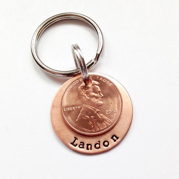 Personalized Key Chain Hand Stamped Lucky Penny Keyring.