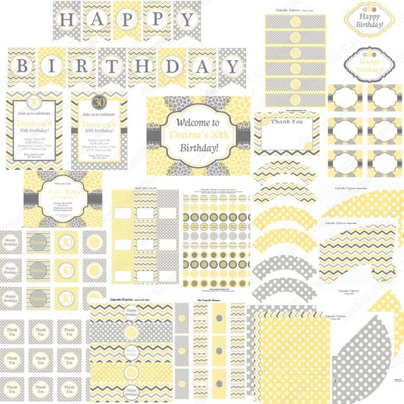 DIY Sunshine Bloom Party PRINTABLE Deluxe Package yellow grey chevron polka dots Il_570xn