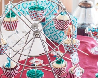VINTAGE CIRCUS red or pink cupcake toppers and matching wrappers - U PRINT