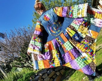 wonderland rainbow festival coat.... recycled.. patchwork denim jacket