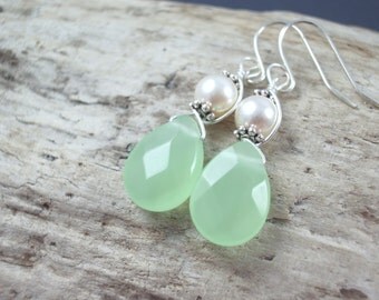 Seafoam green earrings chalcedony teardrop bridesmaid wedding dangle earrings