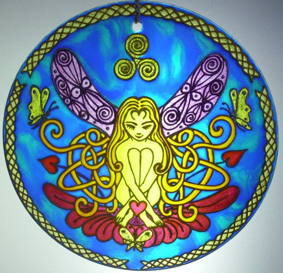 Celtic Dreaming Fairy, Original Glass Painting, Ornament, handpainted, Suncatcher, Stained Glass