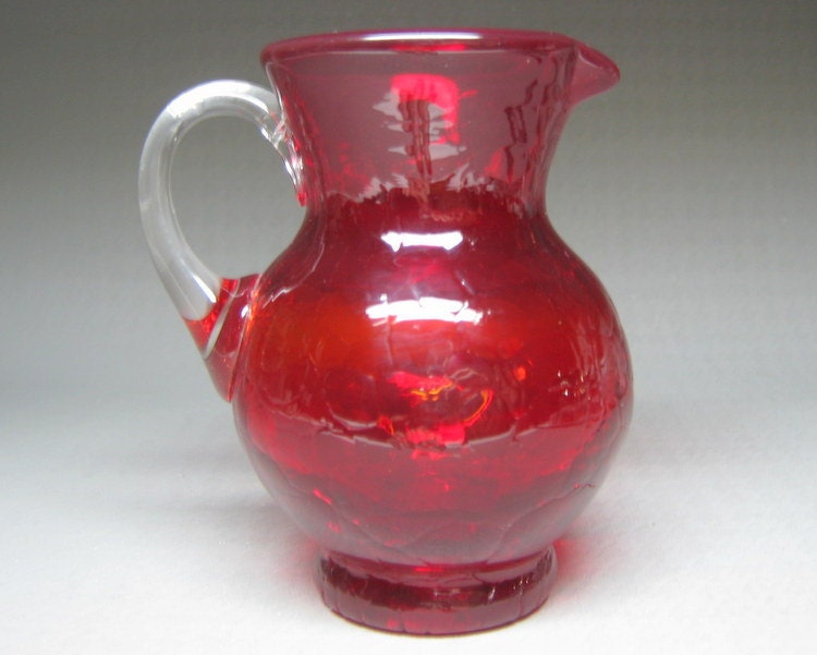 Vintage Ruby Red Glass Pitcher Clear Handle Crackle Glass 9894