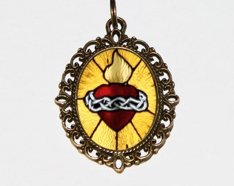 Sacred Heart Necklace, Religious, Jesus, Flaming Heart Jewelry, Oval Pendant