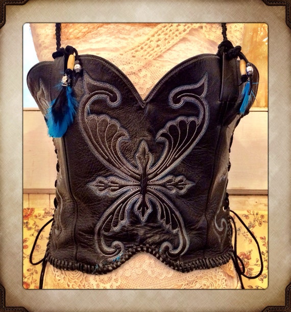Black Leather Cowboy Boot Western Lace up Corset