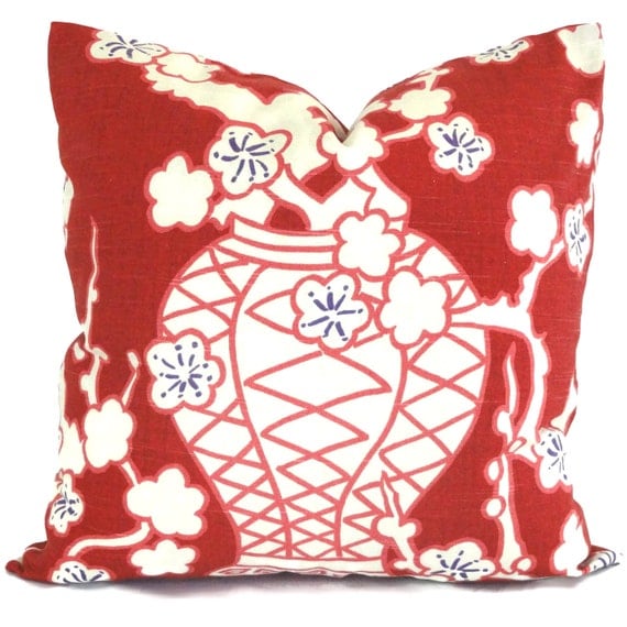 SALE Red Cachet Pot Chinoiserie Decorative Pillow Cover 22x22
