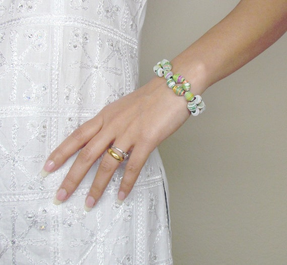 1st Anniversary Eco Friendly Bracelet Handmade Green Paper Bead Bracelet Recycled Beads Jewelry 