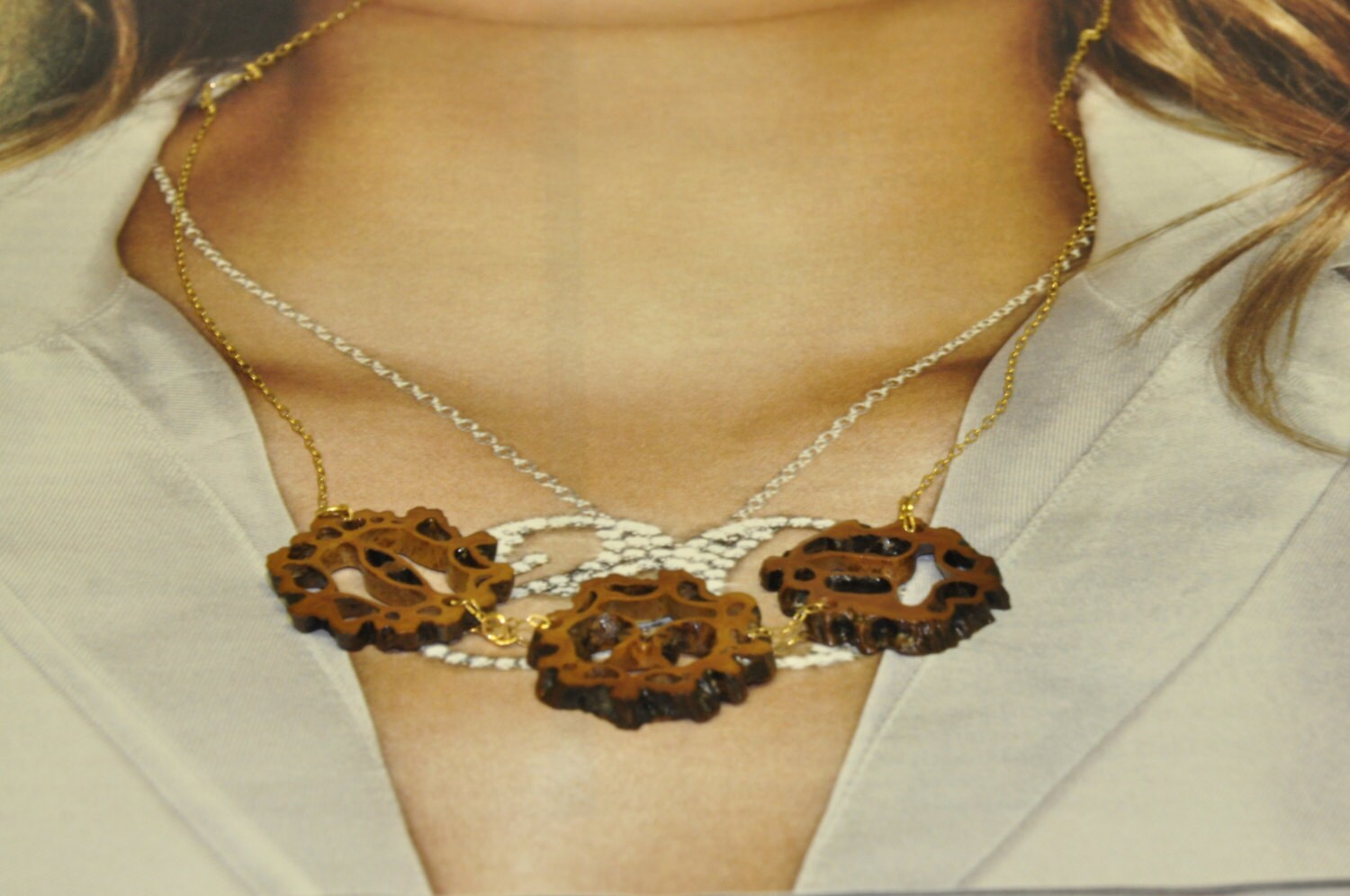 Wooden Ornament Necklace Art Decor Necklace 14K Gold by Bellalizd