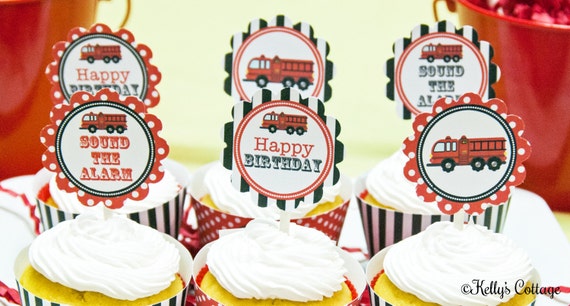 Fire Truck 2 Inch Party Circles, Instant Download, Printable, Cupcake Toppers, Favor Tags, Decorative Circles Il_570xn